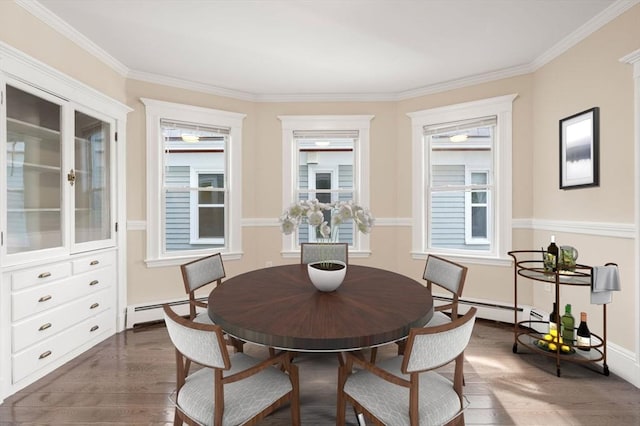 21 Searle Ave Unit 2, Brookline, MA 02445 - dining space with dark wood-type flooring, baseboard heating, crown molding, and baseboards
