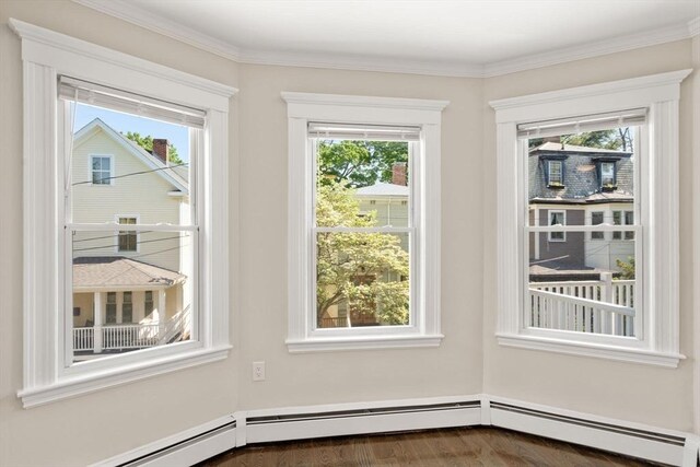 21 Searle Ave Unit 2, Brookline, MA 02445 - doorway to outside with plenty of natural light, crown molding, and wood finished floors