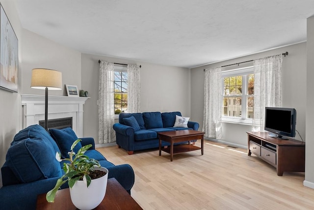 living room featuring light wood-style floors, baseboards, and a fireplace