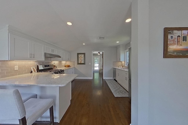 13 Kingston St, North Reading, MA 01864 - kitchen with stainless steel appliances, under cabinet range hood, white cabinets, backsplash, and recessed lighting