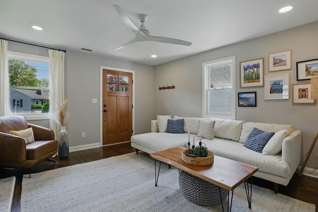 13 Kingston St, North Reading, MA 01864 - living area featuring dark wood finished floors, baseboards, ceiling fan, and recessed lighting