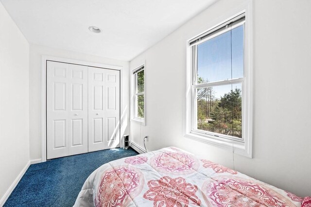 bedroom featuring baseboards, carpet, and a closet