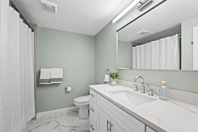 full bathroom featuring visible vents, vanity, marble finish floor, toilet, and baseboards