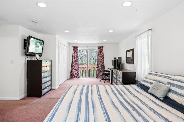 bedroom with recessed lighting, baseboards, a closet, and light carpet