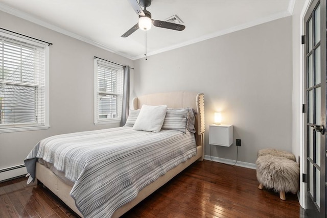 114 Tudor St, Boston, MA 02127 - bedroom with hardwood / wood-style flooring, ornamental molding, baseboards, a baseboard radiator, and a ceiling fan