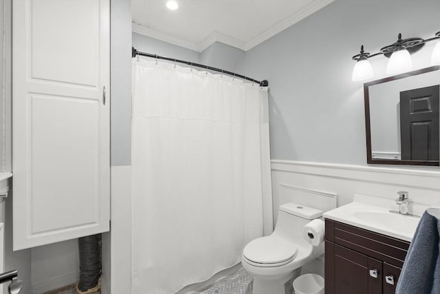 114 Tudor St, Boston, MA 02127 - full bathroom with ornamental molding, vanity, toilet, a wainscoted wall, and a shower with shower curtain