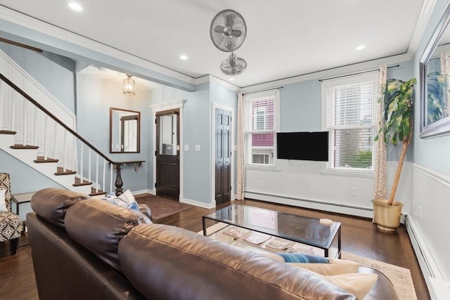 114 Tudor St, Boston, MA 02127 - living room featuring a baseboard heating unit, dark wood finished floors, crown molding, stairway, and recessed lighting