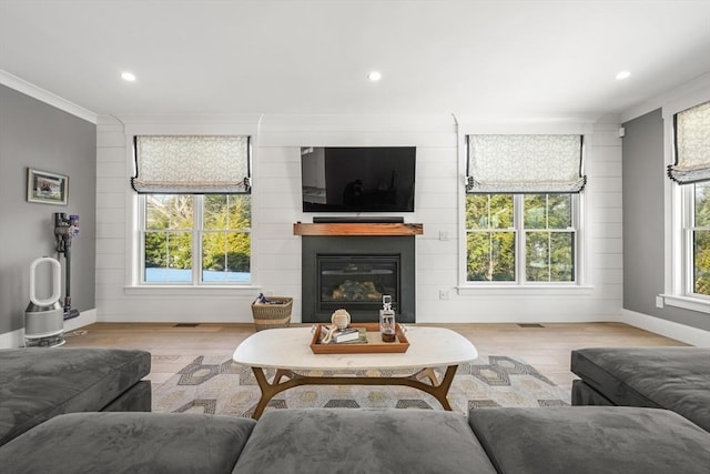 living room with a fireplace, crown molding, and light hardwood / wood-style floors