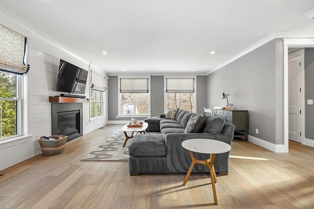 living room with a fireplace, a wealth of natural light, and light hardwood / wood-style flooring