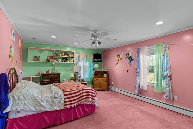 bedroom with carpet flooring, baseboard heating, ornamental molding, and ceiling fan