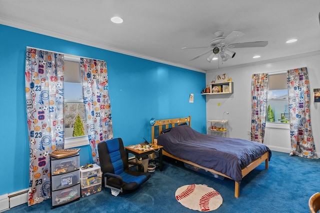 bedroom with carpet, ceiling fan, baseboard heating, and crown molding