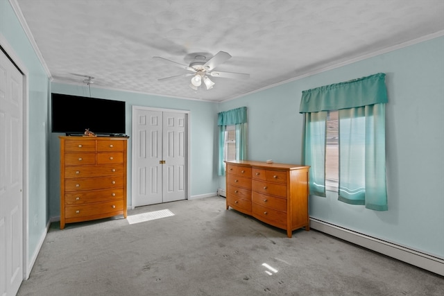 unfurnished bedroom featuring light carpet, ceiling fan, a baseboard radiator, and ornamental molding