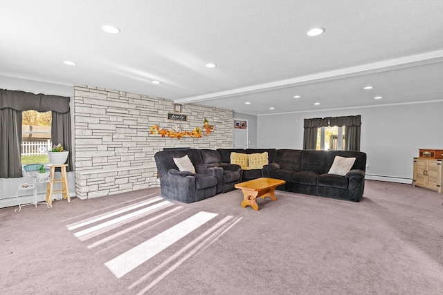 carpeted living room with a textured ceiling, a baseboard radiator, and ornamental molding