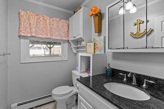 bathroom with a baseboard radiator, tile patterned floors, toilet, vanity, and ornamental molding