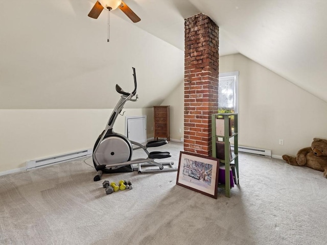 exercise room with a baseboard radiator, carpet flooring, ceiling fan, and lofted ceiling