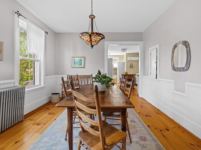 dining room with a wainscoted wall, radiator heating unit, and light wood-type flooring
