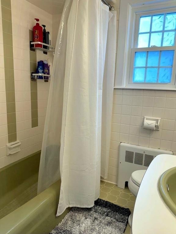 103 Sycamore St, Holbrook, MA 02343 - bathroom with radiator, tile walls, toilet, shower / bathtub combination with curtain, and vanity