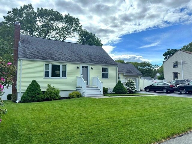 103 Sycamore St, Holbrook, MA 02343 - cape cod home with a chimney, a front yard, and a shingled roof