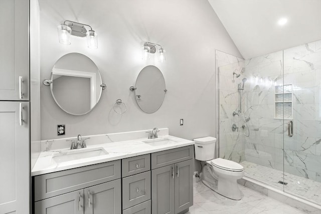 full bathroom featuring lofted ceiling, marble finish floor, a sink, and toilet