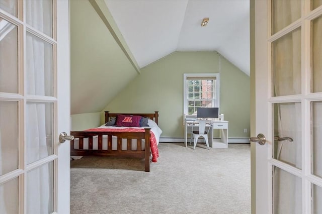 bedroom with carpet flooring, french doors, a baseboard heating unit, and vaulted ceiling