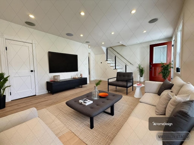 76 Garfield St, Quincy, MA 02169 - living area with stairs, recessed lighting, and wood finished floors
