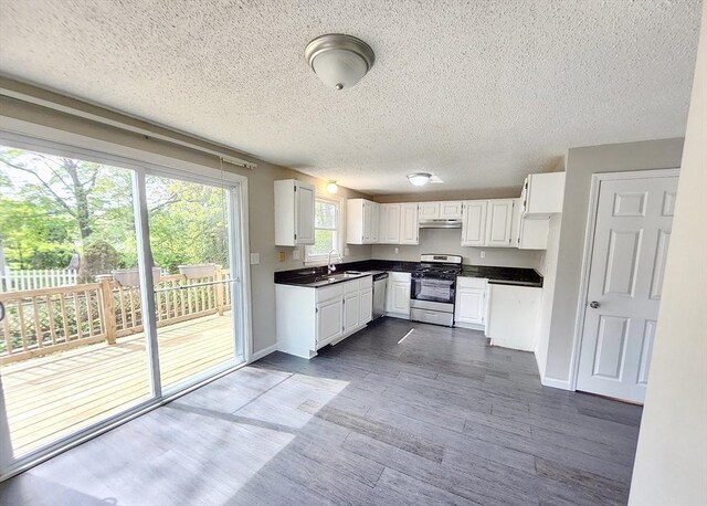 31 Harvard Ct, Dracut, MA 01826 - kitchen featuring stainless steel appliances, under cabinet range hood, dark countertops, a textured ceiling, and a sink
