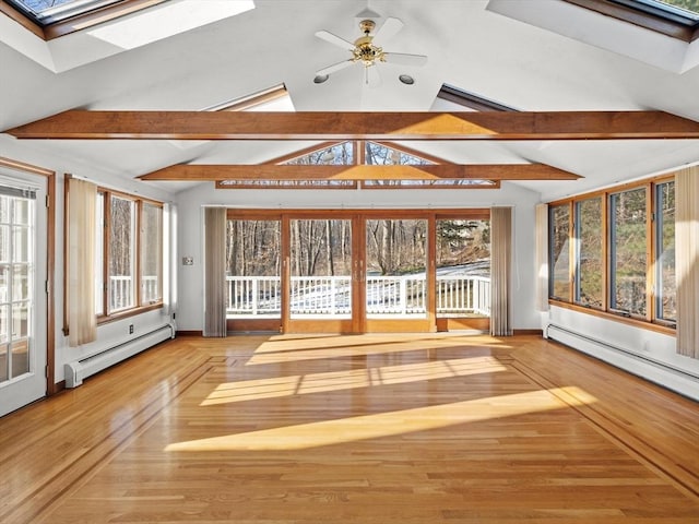 unfurnished sunroom with ceiling fan, baseboard heating, and lofted ceiling with skylight