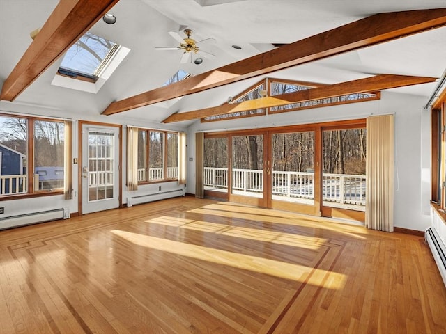 unfurnished sunroom featuring ceiling fan, vaulted ceiling with skylight, and a baseboard radiator