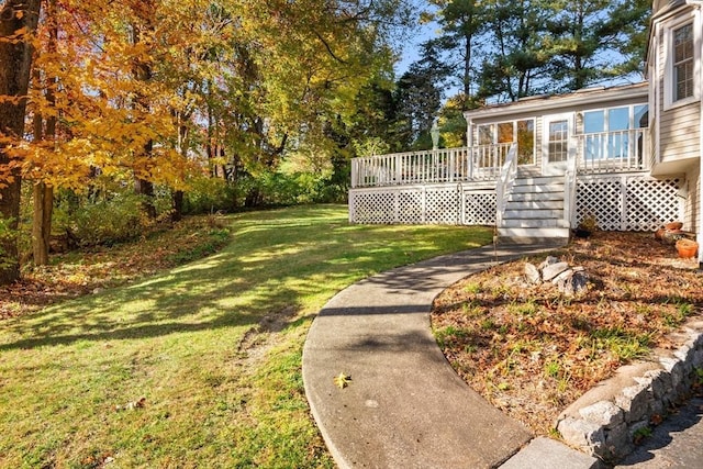 view of yard with a wooden deck