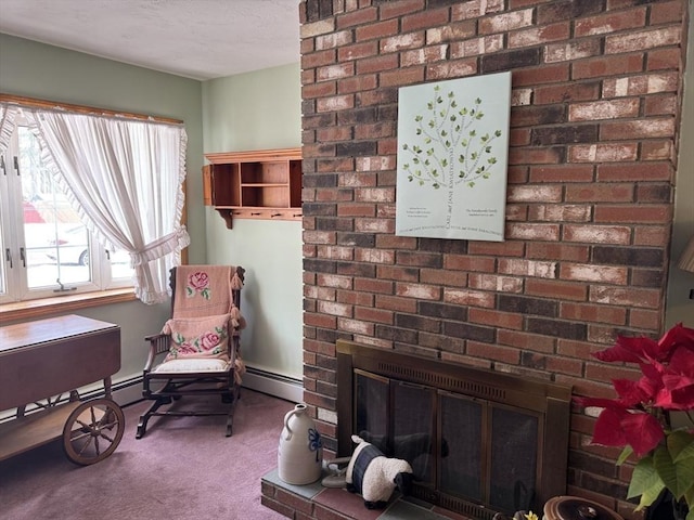 living area featuring a brick fireplace and carpet flooring