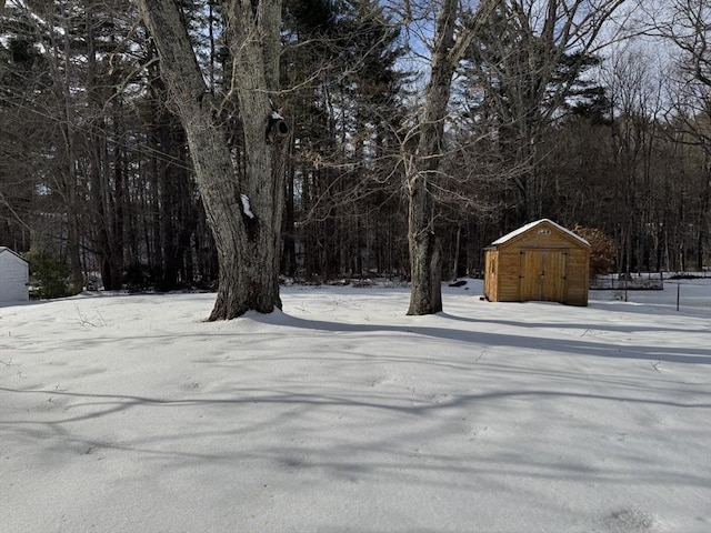 yard covered in snow with an outbuilding, a forest view, and a shed