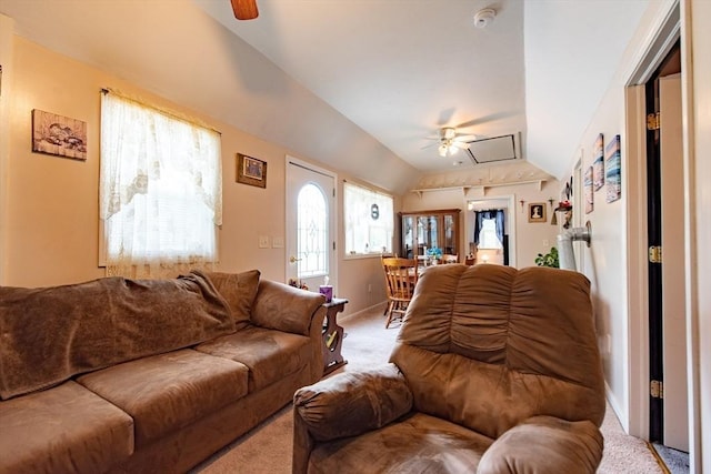 23 Mohawk St, Bellingham, MA 02019 - carpeted living room featuring a ceiling fan, lofted ceiling, attic access, and baseboards