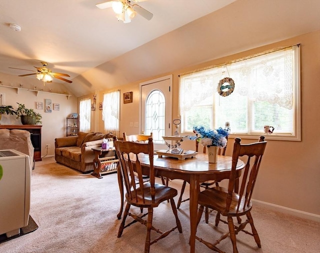 23 Mohawk St, Bellingham, MA 02019 - dining space featuring a ceiling fan, light carpet, vaulted ceiling, and baseboards