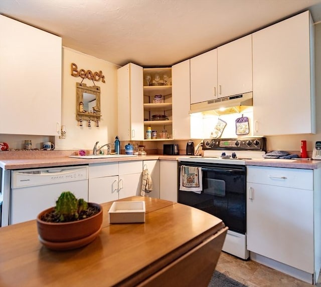 23 Mohawk St, Bellingham, MA 02019 - kitchen featuring under cabinet range hood, electric stove, white dishwasher, open shelves, and white cabinets
