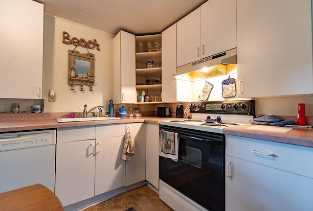 23 Mohawk St, Bellingham, MA 02019 - kitchen featuring electric range, white dishwasher, under cabinet range hood, a sink, and open shelves