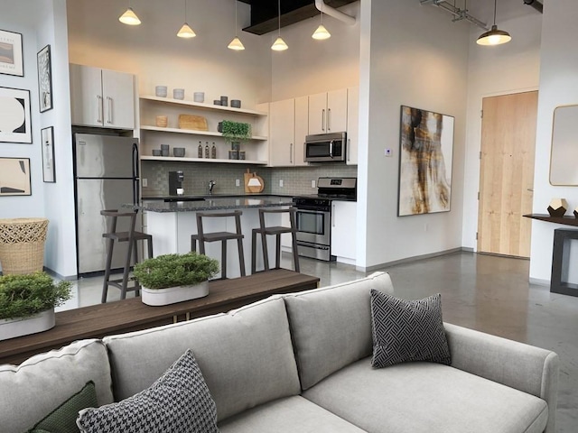 160 Water St Unit 212, Williamstown, MA 01267 - living area featuring baseboards, finished concrete flooring, a towering ceiling, and track lighting