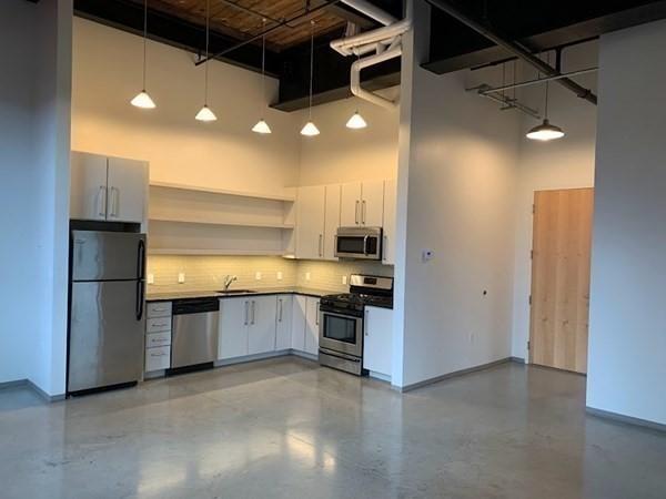160 Water St Unit 212, Williamstown, MA 01267 - kitchen with appliances with stainless steel finishes, a towering ceiling, a sink, open shelves, and decorative backsplash