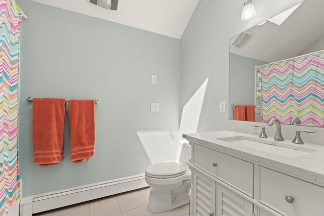 full bath featuring a baseboard heating unit, lofted ceiling, toilet, vanity, and baseboards