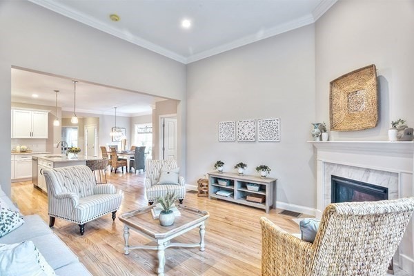 living room featuring sink, a high end fireplace, light hardwood / wood-style floors, and ornamental molding