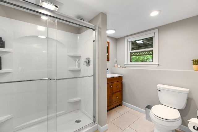13 Shagbark Rd, Sandwich, MA 02644 - full bathroom featuring a shower stall, vanity, tile patterned floors, toilet, and recessed lighting