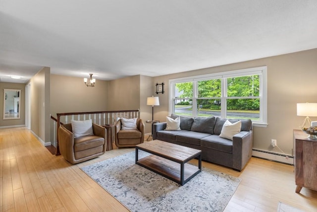 13 Shagbark Rd, Sandwich, MA 02644 - living area featuring a baseboard radiator, light wood-style flooring, a chandelier, and baseboards