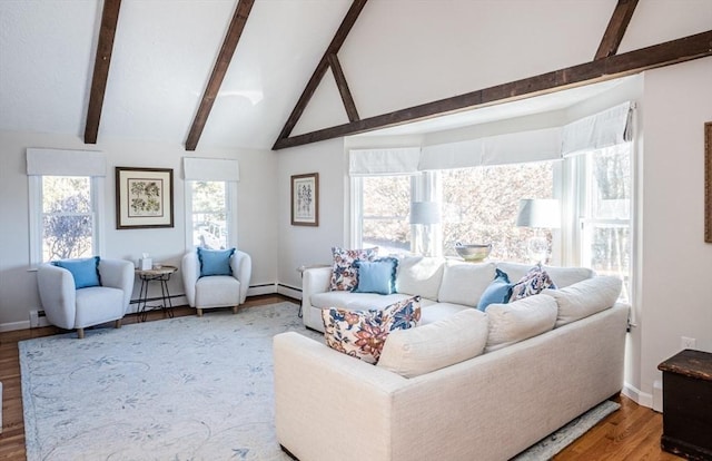 living room with wood finished floors, baseboards, a baseboard radiator, lofted ceiling with beams, and baseboard heating