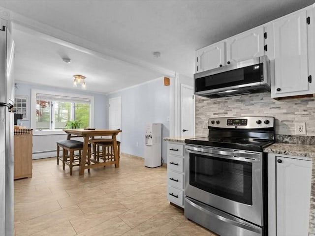 189 Brigham Hill Rd, Grafton, MA 01536 - kitchen with stainless steel appliances, decorative backsplash, white cabinets, a baseboard radiator, and ornamental molding