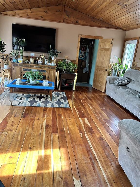 554 Main St, Becket, MA 01223 - living room with wood-type flooring, wooden ceiling, and vaulted ceiling