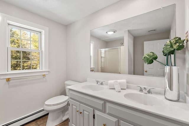 full bath featuring a baseboard heating unit, a sink, visible vents, and a shower stall