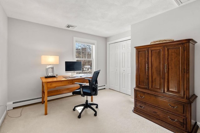 office featuring light colored carpet, visible vents, baseboards, and a baseboard radiator