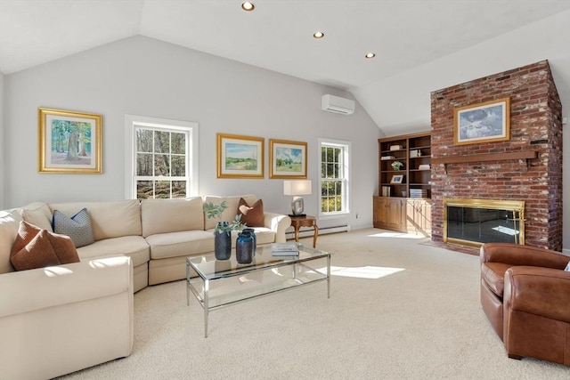 living area featuring carpet floors, a wall unit AC, a fireplace, a baseboard radiator, and vaulted ceiling