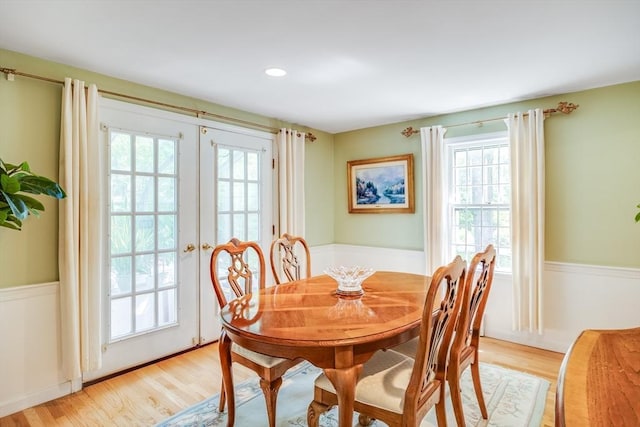 1441 Old Post Rd, Barnstable, MA 02648 - dining room with light wood finished floors, a wainscoted wall, plenty of natural light, french doors, and recessed lighting