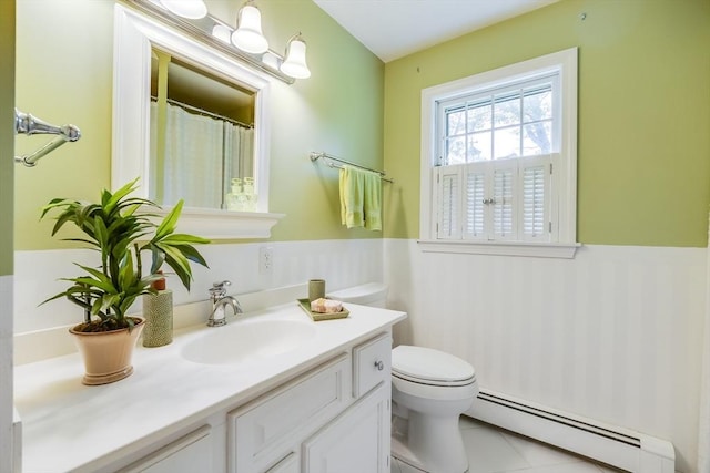 1441 Old Post Rd, Barnstable, MA 02648 - full bath with a baseboard radiator, wainscoting, vanity, and tile patterned floors