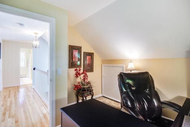 1441 Old Post Rd, Barnstable, MA 02648 - home office with light wood-type flooring, vaulted ceiling, and a baseboard radiator